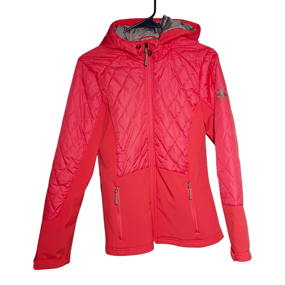 ZeroXposur Womens Small Hybrid Quilted Puffer Softshell Hooded Jacket Coral Pink